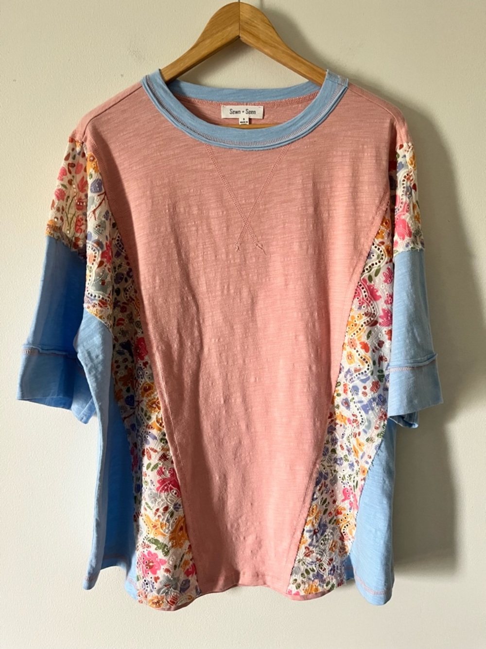 Sewn + Seen OVERSIZED Color Block Floral Eyelet Tee Cottage Arty Lagenlook S